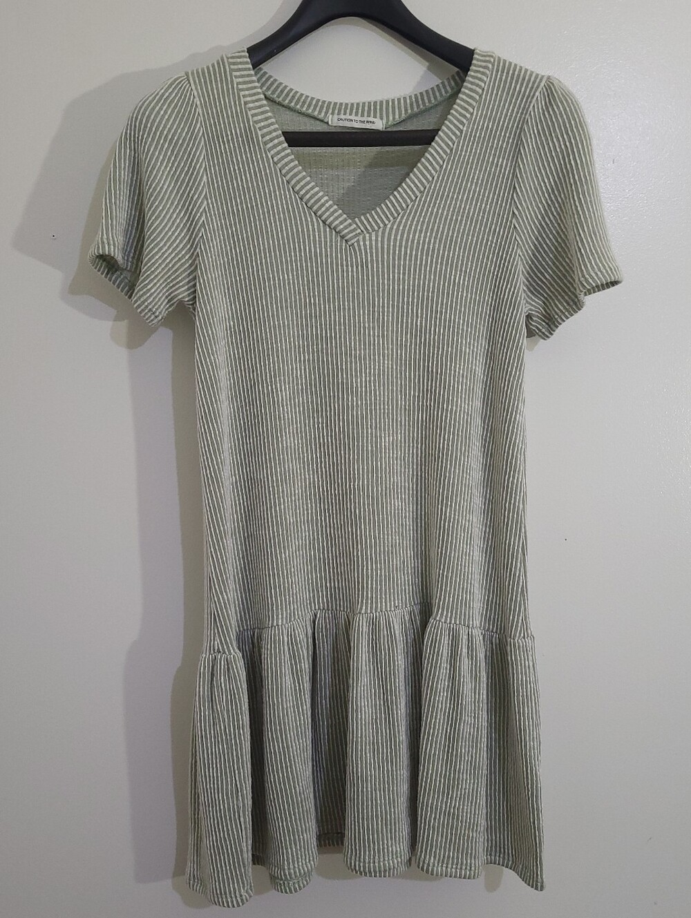 Caution to the Wind Mint Striped Drop Waist Ruffle Mini Dress Size M